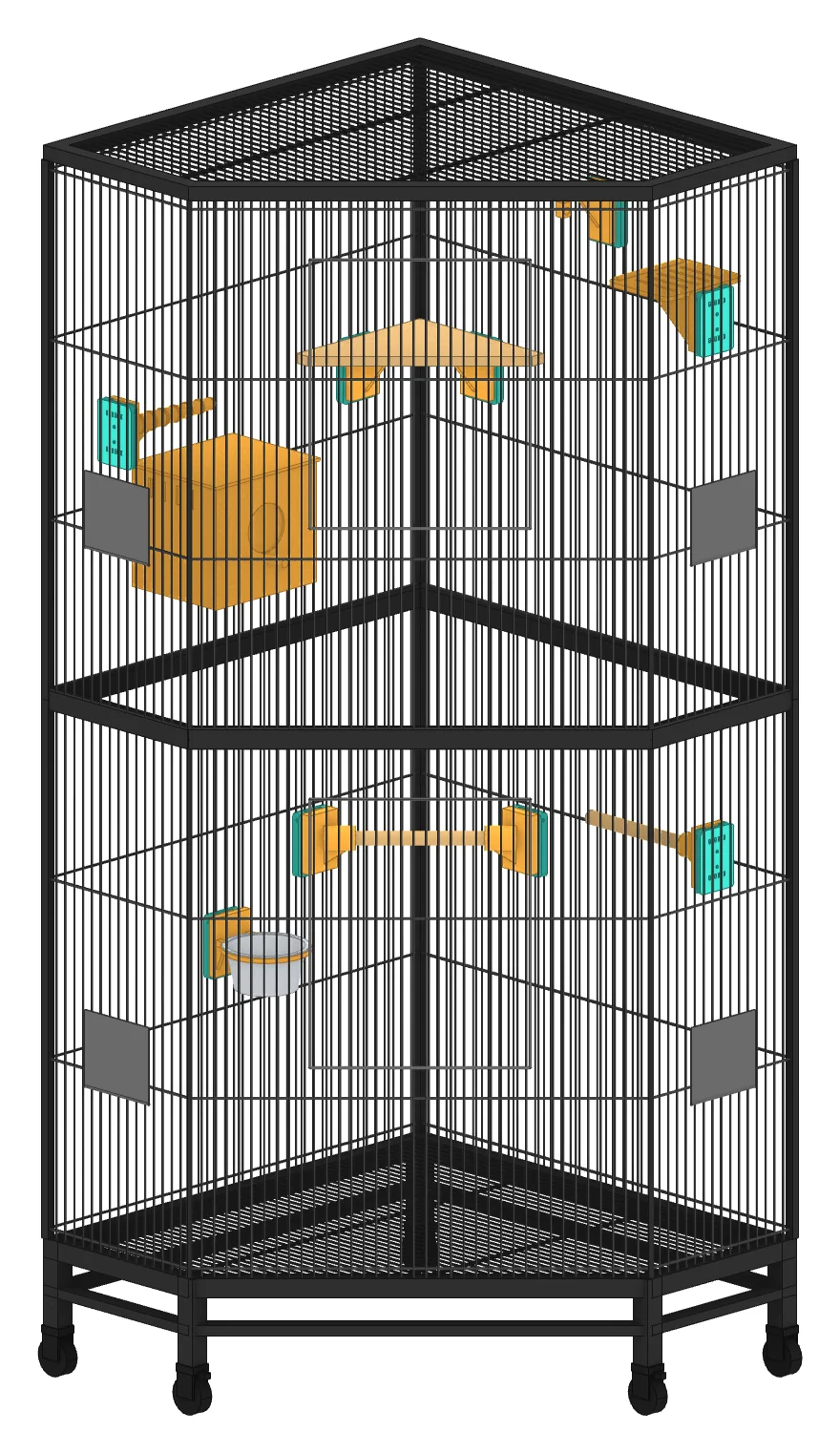 The corner cage with the accessory system installed: perches, a shelf, a hideout box, a landing pad, a bowl holder and a toy hanger on its walls