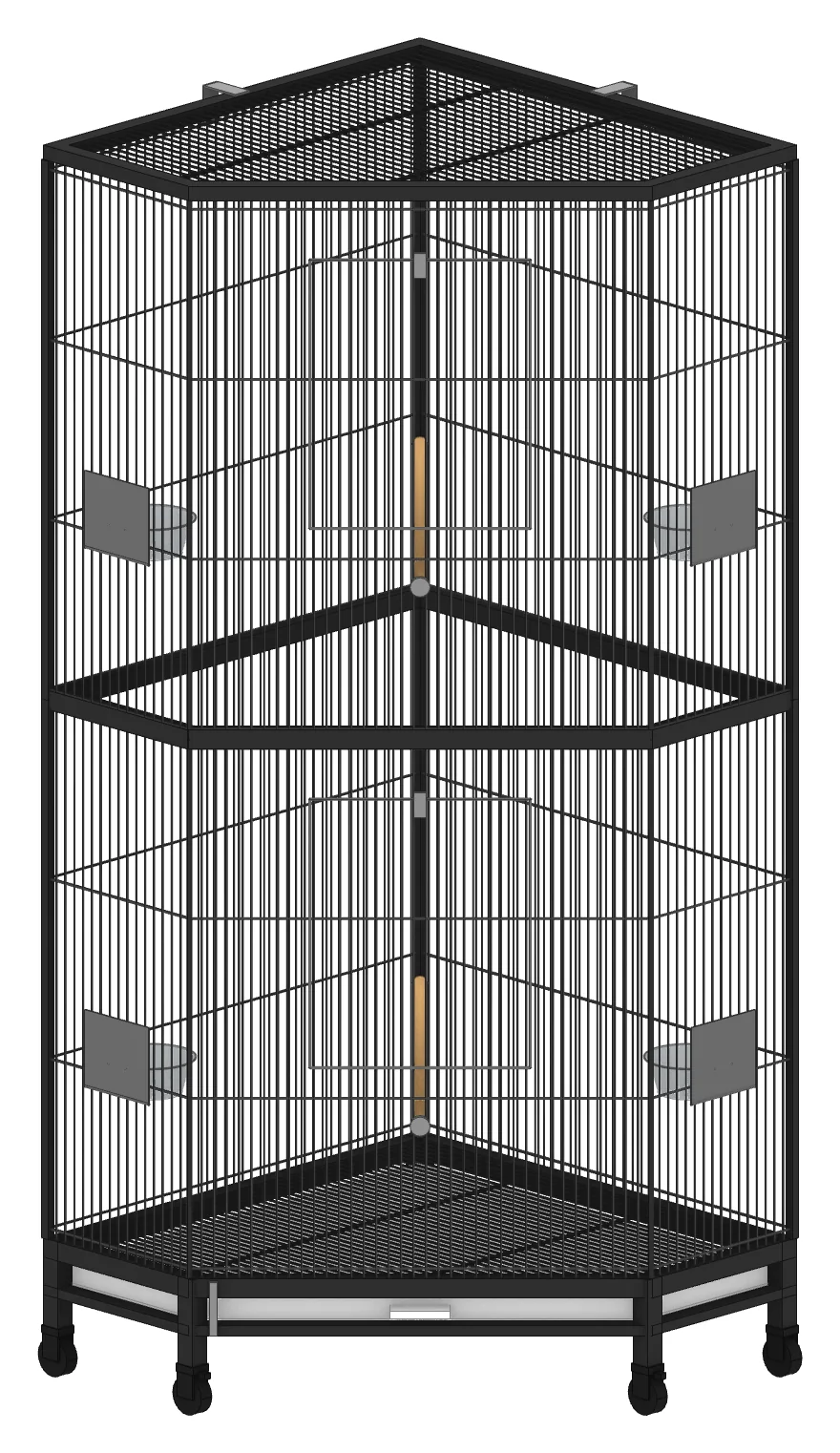 The corner cage as it comes, with its own perches, cups and doors