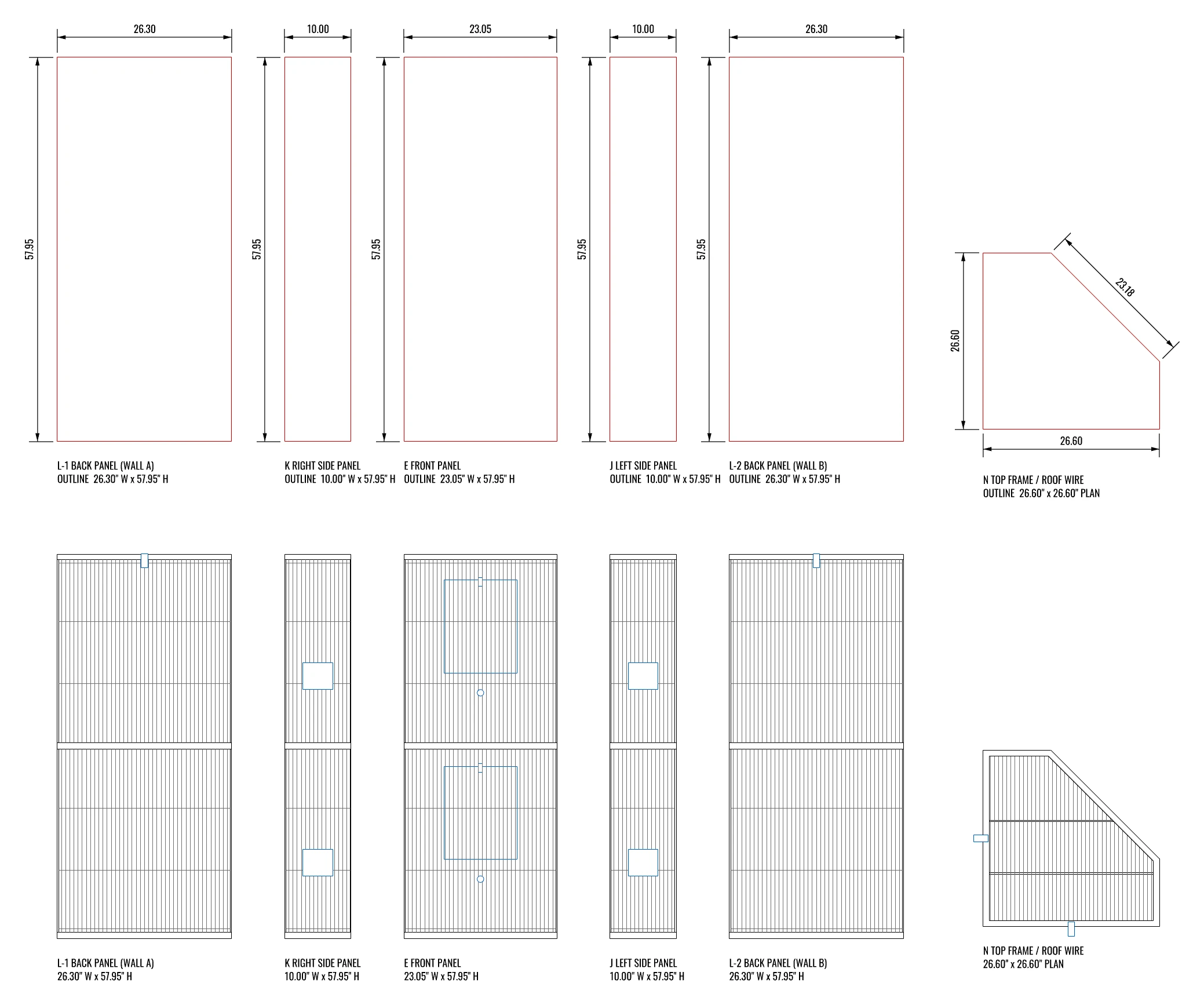 Each panel of the cage drawn flat: its measured outline above, its wire, doors and feeder openings below, and the top frame in plan